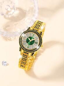 1 Set Women's Fashion Jewelry Set: Green Crystal Watch, Includes Necklace, Earrings, Bracelet And Ring, Suitable For Daily Wear, Birthday Gift, Party, Holiday Gathering, Also An Ideal Gift For Yourself Or Friends. Packaging Not Included. - 綠色 - 查看 4