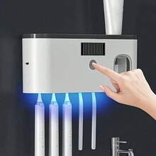 1 pieza Esterilizador de cepillo de dientes inteligente con dispensador de pasta de dientes, soporte de cepillo de dientes montado en la pared, todo en uno estante y esterilizador de cepillo de dientes, organizador de almacenamiento de 5 ranuras para cepillo de dientes, accesorio de baño, decoración del hogar, esencial de vuelta a la escuela - Multicolor - Ver 14