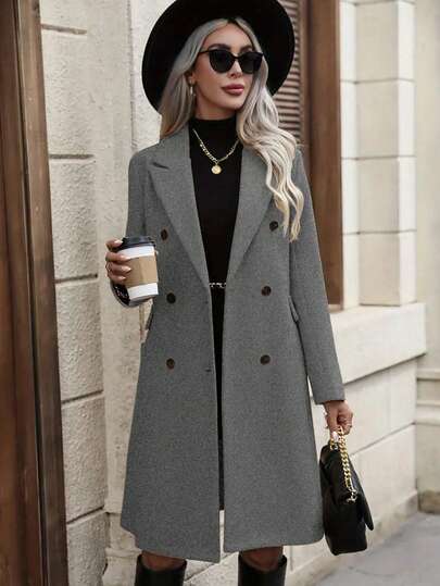 Women's Solid Color Lapel Neck Double Breasted Casual Jacket, Autumn/Winter