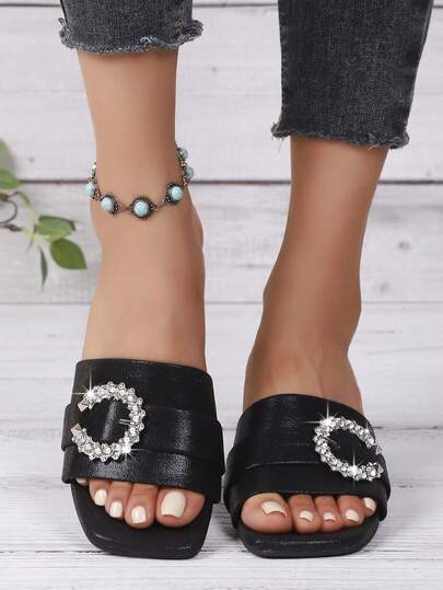 European And American New Plus Size Women's French Crystal Buckle One-Word Thick Heel Slippers, Minimalist Versatile Suede Round Toe Comfortable Non-Slip Party Beach Sandals