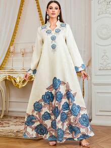 女士穆斯林长袍，优雅浪漫 V 领印花串珠长袍，伊斯兰全长长袍，适合度假、约会、休闲日常穿着 - 杏色 - 查看 6