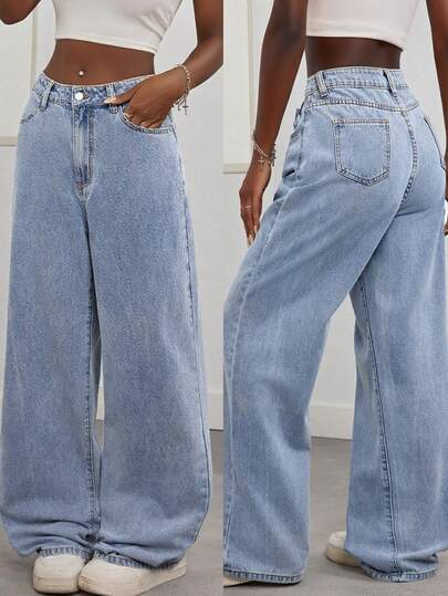 ‌Women's Denim Relaxed Loose-Fit Casual Light Blue Jeans - Street-Style Resort & Everyday Wear Straight-Leg Pants 2025