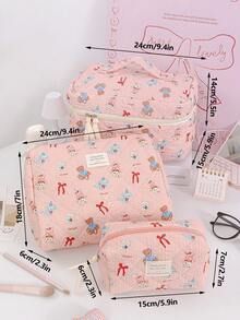1 Piece Large Capacity Cosmetics Storage Bag Portable Travel Cosmetics Pouch Red Bow Pattern Makeup Bag Multi-Functional Make Up Bag Set Pink Travel Toiletry Bag For Girls Cute Cartoon Print Skincare Organizer Bag Foam Quilted Household Makeup Bag - Pink - View 11