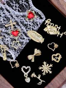 40Pcs/Pack Random European & American Rose Heart Nail Charms Set, Includes Star Stud, Shiny Cross, Cute Planet Alloy Nail Jewelry And 3D Y2K Diamond Nail Art Decorations