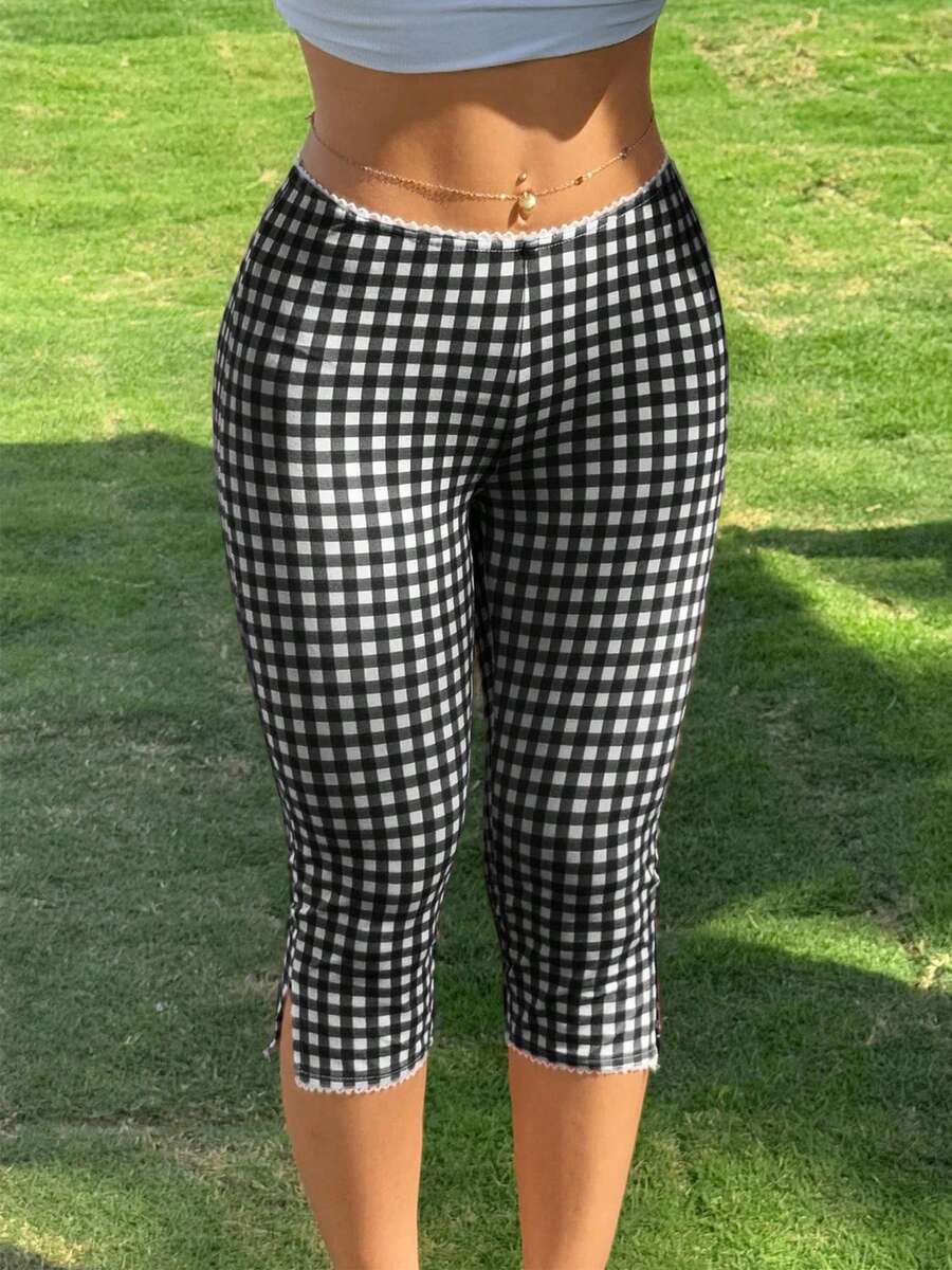 Women's Retro Skinny Fit Gingham Capri Pants With Delicate Lace Trim Side Slit Comfortable Cropped Trousers For Casual Daily Outfits - 黑色 - 查看 1