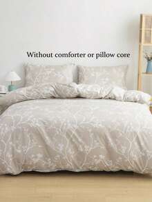 2/3 件/套枝叶花卉图案印花床上用品羽绒被套套装，无填充物，透气超柔软四季被套套装（1 件羽绒被套 + 1/2 件枕套，无枕芯），柔软双色双面设计床上用品套装，非常适合卧室、客房、宿舍，可机洗特大号双人床尺寸，背面学校床上用品拉绒超细纤维学生宿舍装饰，情人节、婚礼、女孩礼物 - 卡其色 - 查看 2