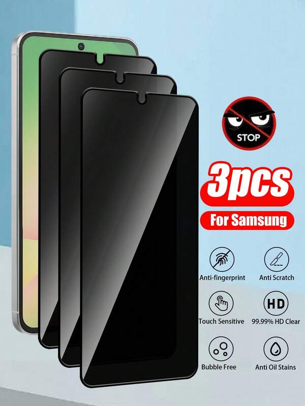 3pcs Printed Anti-Spy Tempered Glass Screen Protector, Printed, Bubble-Free, Easy Installation, Privacy Glass Film, Anti-Fingerprint, Compatible With Galaxy S21FE/Galaxy S23FE/Galaxy A54/Galaxy A06/A17/A07/S24Ultra/S25Ultra