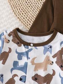 两件套男婴秋冬套装 - 长袖圆领可爱小狗卡通印花休闲连体衣，适合户外活动穿着