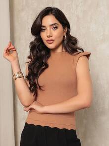 ONLYONE - JAPANESE MODAL SLEEVE CROPPED TOP WITH WAVE DETAIL HEM - FIMINAS BLOUSES KNITTED BLOUSES - 杏色 - 查看 1