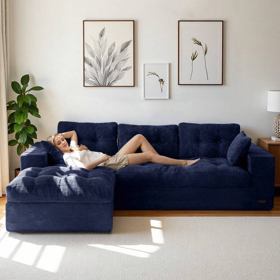 MAXYOYO L-Shaped Modular Sofa With Convertible Left/Right Ottoman,Cloud-Textured Tufted Cushions,Four Combinations,Sofa In A Box,No Assembly Required - Màu xanh hải quân - Xem 1
