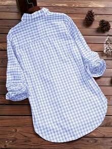 大码女式格子印花休闲长袖衬衫 春季 - 淺藍色 - 查看 2