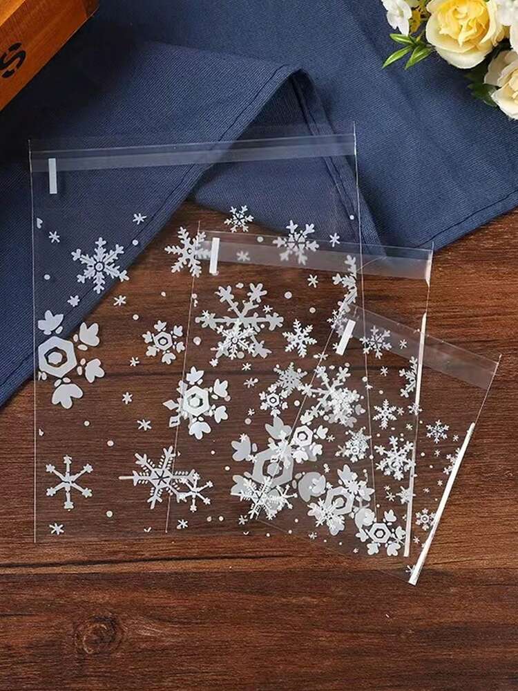 100 个装，雪花图案自封袋，透明糖果袋，烘焙饼干袋，节日零食包装，万圣节派对用品，圣诞礼品袋，自粘食品袋，小零食袋，派对礼品袋，甜点包装，节日用品，成人使用，婚礼派对装饰，可重复密封的储物袋 - 無色 - 查看 3