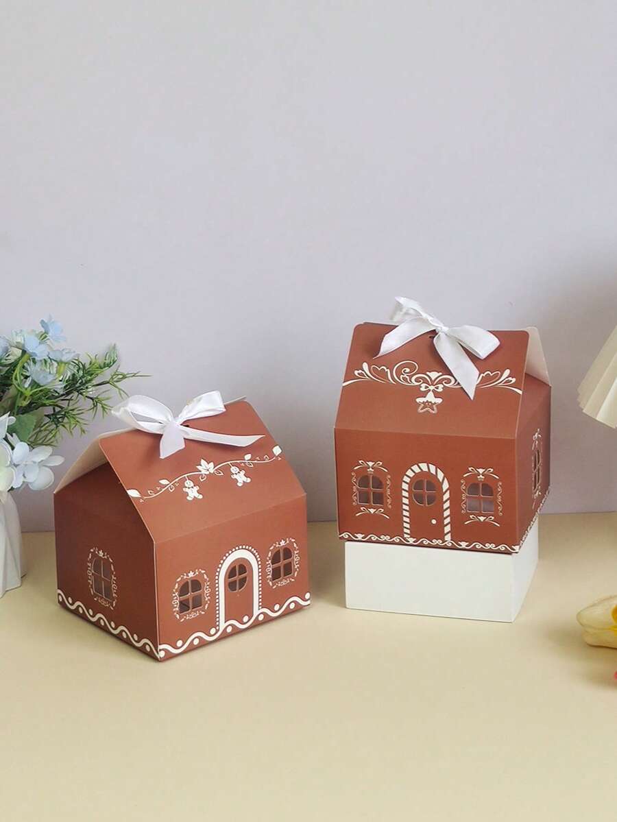 12pcs House Shaped Christmas Paper Treat Boxes With White Ribbon, 4 Assorted Patterns, Ideal For Xmas Decor, New Year, Housewarming, Holiday Party & Tabletop Ornament - Color Mixing - View 1
