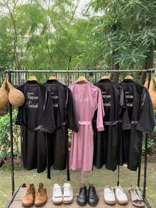 1pc Personalized Custom Satin Bridal Robe With Half Sleeves, Custom Text, Custom Wedding Robe For Bride Bridesmaid, Personalized Satin Robe, Custom Bridal Robe, Bridesmaid Getting Ready Robe, Wedding Party Robes, Lace Trim Robe, Custom Name Robe, Bride Robe Gift, Bridal Shower Gift, Silky Loungewear, Contracted,Funny,Custom,Unique, Matching Bridesmaid Robes Silky Loungewear Special Gifts For Brides, Besties, Girlfriends,Apparel Accessories,Chic Autumn