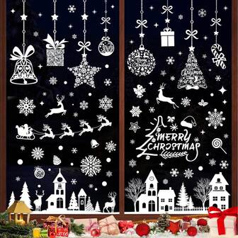 193pcs (10 Sheets) Merry Christmas Window Stickers Decoration Set - Snowflake Window Decals, Christmas Tree Deer Decor, White Snow Castle Holiday Stickers, Reusable Festive Decorations Suitable For Home And Office Christmas Celebration
