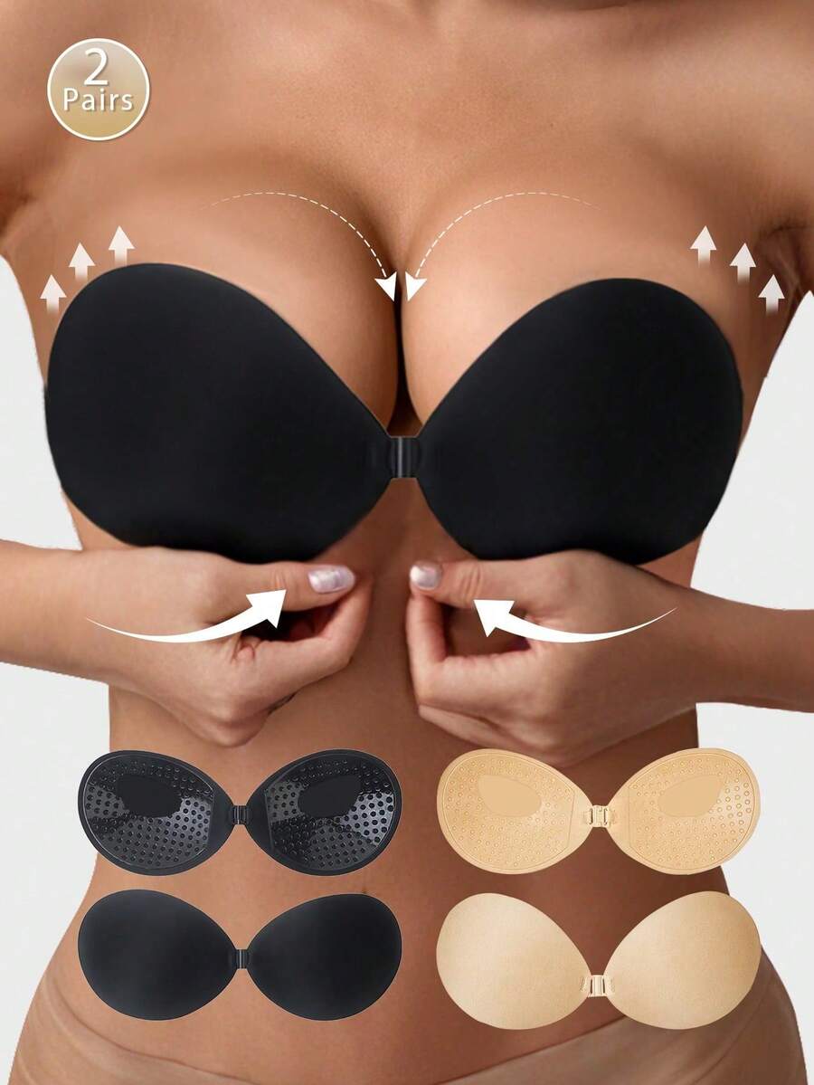 2pairs Invisible Bra Reusable Strapless Front Clasp Invisible Nipple Patches Women Backless Strapless Bra Seamless Self-Adhesive Silicone Nipple Cover Boob Pads Sticker Wedding Dress Lingerie - Multicolor - View 1