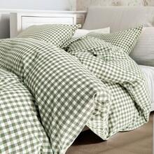 Vclife Vintage Floral Comforter Set Four Sizes, All Seasons Muslin Cotton Bedding Set, 3 Pieces Farmhouse Shabby Chic Jacquard Floral Comforter Set Perfect For Women And Men - Bộ chăn ga gối đệm Fat Quilt - Xanh cỏ kẻ caro nhỏ - Xem 6