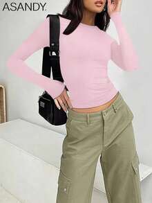 3pcs Set Women Crewneck Long Sleeve Solid Color Basic Tee, Slim Fit Casual Pullover Tops, Spring/Autumn - Multicolor - View 6