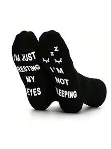 1 Pair Men's Socks, "I'm Not Sleeping, I'm Just Resting My Eyes", Floor Socks, Non-Slip Socks, Novelty Socks - Black - View 4
