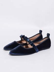 Women's Fashion Velvet Mary Jane Shoes With Bow, Navy Blue Slip-On Pointed Toe Flats, Comfortable Soft Sole For Outdoor And Indoor Wear, Suitable For Dresses In All Sizes - Màu xanh hải quân - Xem 12