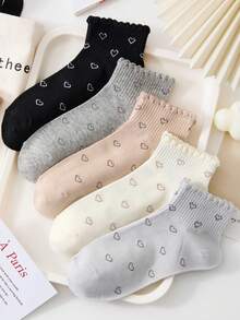 1/5 pares de calcetines cortos para mujer de diseños de moños y flores en blanco y rosa, que absorben la humedad y son cómodos hasta el tobillo, adecuados para uso diario y salidas, enviados al azar