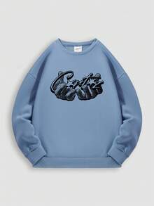 休闲印花卫衣，街头风男士宽松圆领卫衣，牛仔蓝，加厚保暖，适合春秋季穿着 - 牛仔藍 - 查看 4