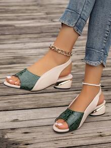 Sandal nữ cao gót chunky 2.5cm, hở mũi, quai ngang, phối màu, thoải mái, cỡ lớn, Xuân/Hè 2026. - màu xanh lá - Xem 3