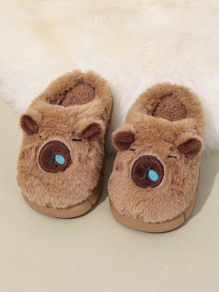 1 par de pantuflas de invierno cálidas para niños, pantuflas de felpa antideslizantes para interiores para niños y niñas, zapatos de casa lindos para niños pequeños - Marrón - Ver 1