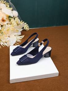 1 Pair Of Women's High-Heeled Sandals With Buckle Decoration, Pointed Toe, Light Opening, Solid Color Thick Heel, Casual Large Size, Breathable Fabric High Heels - 藍色 - 查看 4