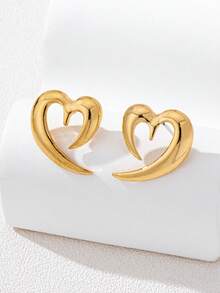 1 Pair Simple Versatile Hollow Heart, Metal Peach Heart Stud Earrings For Women, Suitable For Daily Wear, Dates, Valentine's Day, New Year Gifts, Family Gatherings, Casual Holidays - Yellow Gold - View 2