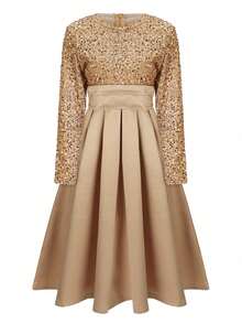 Valentine's Day, Date Night Outfit, Gifts For Her Magic Mia Elegant Satin Midi Dress For Women, Velvet Sequin Contrast, A-Line, Long Sleeves, Crew Neck, No Belt, Holiday Party Dress, Christmas Dress, No Padding, Regular Fit, Solid Color - Gold - View 3