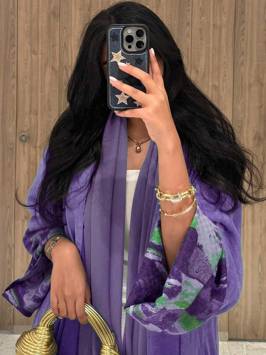 Abaya para mujer, 1 pieza de estilo sencillo y elegante con estampado retro de teñido anudado, puños de unicolor, bata tipo cárdigan, vestido abaya elegante francés, adecuado para la vida diaria, el trabajo, los viajes y las fiestas (pañuelo para la cabeza no incluido)