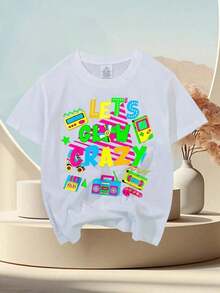 Boys' Retro 80s Neon Graphic T-Shirt - Glowing Cassette Tape & 's Cube Design, Let's Go Crazy 80s Party Outfit, Casual Round Neck Tee For Themed Events & Casual Attire (Machine Washable) - White Base With Neon Colors, Stretchy Comfortable Fabric, Playful Retro Gaming & Pop Culture Graphics, All-Season Wear For Boys - 白色 - 查看 9