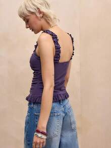 Women Lace Trim Tank Tops Y2k Tie Front Semi Sheer Crop Vest Cute Sleeveless Slim Fit Babydoll Cami Shirt - 紫色 - 查看 4