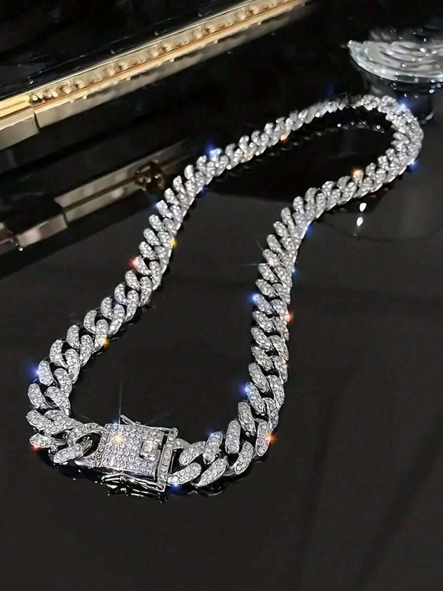 1pc Diamond-Shaped Fully Rhinestone Shiny Chain Necklace, Unisex Hip-Hop Versatile Summer Bracelet Necklace Jewelry For Daily Wear