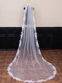 1pc White Lace Trim Faux Pearl Short Bridal Veil, Suitable As Gift, For Weddings, Registration, Parties, Wedding Dress Accessories, Valentine's Day Hair Accessory With Comb - Beige - View 7