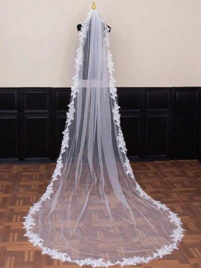 1 pieza Velo nupcial largo con adorno de encaje y perlas de imitación color marfil, adecuado para bodas, eventos, fotografía de boda, Día de San Valentín, con peine para el cabello