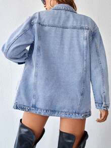 Plus Size Faux Pearl Decor Distressed Denim Jacket, Light Blue Loose Casual Ripped Denim Jacket, Suitable For Daily Street Style And Party Spring - Light Wash - View 5