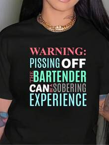 Camiseta gráfica de manga corta y cuello redondo de algodón negro de 180 g para mujer con estampado "Advertencia: Enfadar al camarero puede ser una experiencia aleccionadora". Camiseta informal y divertida para mujer. - Negro - Ver 2
