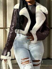 Women's Street Lapel Zip Up Rollable Cuff Teddy Lined PU Leather Crop Moto Jacket Coat Autumn And Winter - Brown - View 3