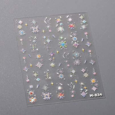 1 件彩色雪花与迷人闪光星星指甲贴纸 5D 闪亮水晶冬季适合神奇假日季节美甲艺术装饰