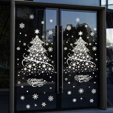 ملصق نافذة بنمط شجرة عيد الميلاد الذهبية والفضية الكبيرة الحجم 1 قطعة، ملصق لاصق قابل لإعادة الاستخدام من البي في سي اللامع، مناسب للزجاج والجدران والأبواب، مقاوم للماء، ديكور باب زجاجي بموضوع كرتوني بتأثير لاصق ثابت