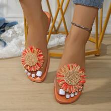 女士凉鞋，夏季鞋履，饰有花卉贴花设计，纯色优雅女士时尚休闲风格，法式浪漫风情，适合宽脚，百搭，适合派对、海滩、约会、正式场合、日常穿着，露趾设计，防滑，轻便，室内外皆宜的多功能平底拖鞋，饰有花卉图案 - 橘色 - 查看 13