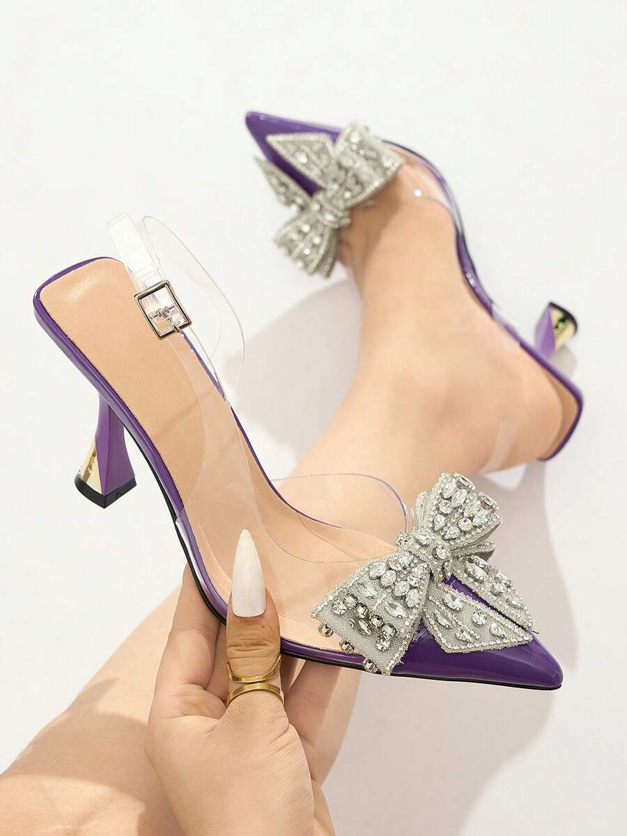 Women's Rhinestone Bow Decor Pointed Toe Closed Toe Slingback High Heel Shoes, Elegant & Comfortable Slingback Transparent Shoes, Glamorous For Evening Party, Heel, Fall, Autumn, Wedding, Formal Occasions, Suitable For Autumn/Winter, Purple PVC High Heels, Elegant