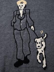 男士休闲宽松狗狗图案印花圆领毛衣，街头风，宽松版型，百搭，适合春、秋、冬三季，长袖上衣 - 灰色 - 查看 5