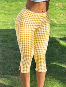 Women's Retro Skinny Fit Gingham Capri Pants With Delicate Lace Trim Side Slit Comfortable Cropped Trousers For Casual Daily Outfits - 黃色 - 查看 2