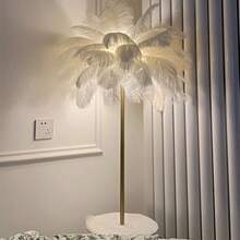(White 30 Feathers)Rechargeable Feather Light With Built-In Battery, Portable Cordless DIY Home Living Room Coffee Table LED Decorative Lamp, Bedside Desk Lamp, Ins Style Girl Live Stream Atmosphere Light, Birthday Wedding Romantic Night Light, European & American Style + 1 Charging Cable, Lamp Body Color French Gold, Actual Color May Differ From Image - trắng - Xem 5