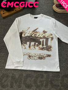 EMCGICC Manfinity Y2k Long Sleeve Shirts ,Graphic T Shirt Cotton 250g,Fashionable Hip-Hop For Men -  Long Sleeve T-Shirts, Funny Vintage Shirts,Regular Fit, Street Style, Digital Print,  Ideal Gift - 白色 - 查看 1