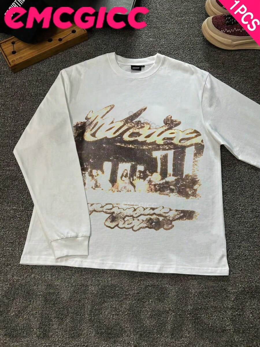 EMCGICC Manfinity Y2k Long Sleeve Shirts ,Graphic T Shirt Cotton 250g,Fashionable Hip-Hop For Men - Long Sleeve T-Shirts, Funny Vintage Shirts,Regular Fit, Street Style, Digital Print, Ideal Gift - 白色 - 查看 1