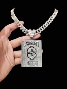 1个时尚创意“CASH MONEY”字母吊坠和1条水钻链项链，男士嘻哈朋克吊坠项链，适合日常佩戴，情人节礼物，2条链子可选 - 銀色 - 查看 4